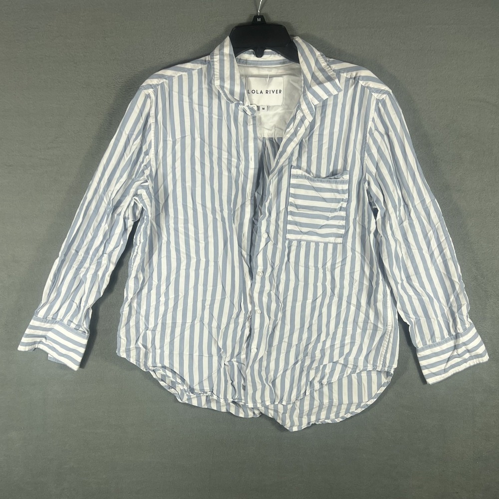 Lola River Women's Blue White Stripe Button Down Shirt Blouse Size M Cotton